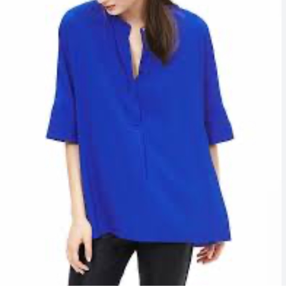 BANANA REPUBLIC Medium Blue DRAPEY DOLMAN-SLEEVE BLOUSE two button collar gauzy